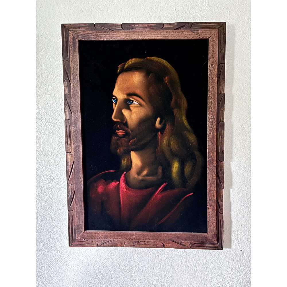 Vintage Black Velvet Jesus Painting Hand Painted Carved Wood Frame Religious Art